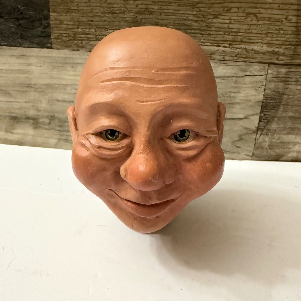 Phillips Signed Clay Doll Head Glass Eyes Belga Handcrafted Folk Art Puppet
